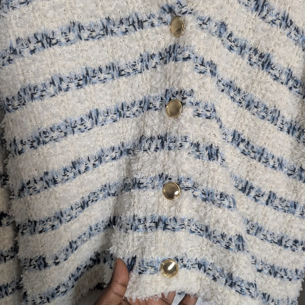 Ann Taylor Cardigan Set Tweed Stripe Gold Button Blue White Fuzzy Sweater Sz S